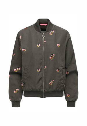 Ciemnoszara kurtka typu bomber z prążkowanymi mankietami i kołnierzem, z przodu zamek błyskawiczny oraz drobne, różowe i żółte kwiatowe hafty rozmieszczone nieregularnie.