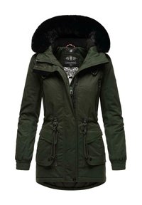 Green parka jacket with faux fur-lined hood, dual front zippers, adjustable waistband, and four front pockets for practicality.