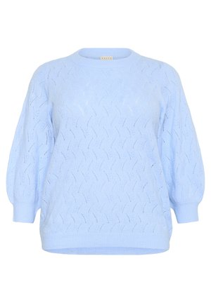 Maglione azzurro chiaro lavorato a maglia con un motivo a zigzag testurizzato; scollatura tonda e maniche a palloncino; polsini e fondo a coste.