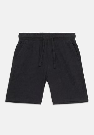 Schwarze Freizeit-Shorts mit elastischem Bund und Kordelzug, ausgestattet mit Seitentaschen und strukturiertem Stoff.