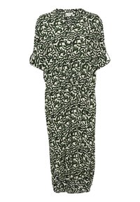 Vestido de patrón floral en verde y blanco, mangas cortas, cuello de botones, cinturilla con lazo, largo hasta la rodilla, tejido ligero con un corte relajado.