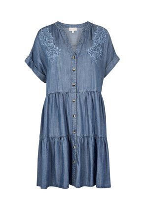 Niebieska sukienka z dżinsu na krótki rękawek, zapinana na guziki, z wielowarstwową spódnicą i haftowanymi wzorami liści na ramionach.