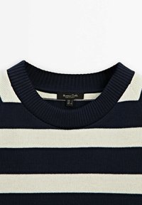 Pull tricoté à rayures bleu marine et blanc, avec un col rond côtelé et une petite étiquette de marque à l'intérieur du col.