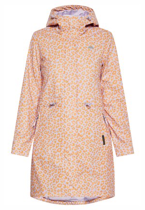Wasserfeste Jacke mit Kapuze, in leicht rosa Grundfarbe und orangefarbenem Leopardenmuster. Zwei Fronttaschen und verstellbarer Kordelzug in der Taille.