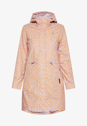 Veekindel mantel kapuutsiga, millel on hele roosa alus ja oranž leopardikooslus. Kaks esikäepidet ja reguleeritav nöör taljes.