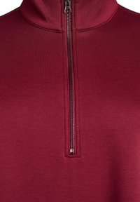 Bordeaux kwart-rits bovenstuk gemaakt van zachte stof met een gladde textuur en een contrasterende zwarte rits. Eenvoudig ontwerp zonder patronen of accenten.