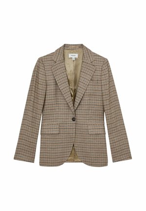 Hnědý kostkovaný blazer s jedním knoflíkem, širokými klopami, dvěma předními kapsami a hladkým saténovým podšívkou. Neformální, ale zároveň strukturovaný design.