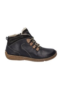 Bottines en cuir bleu foncé avec une semelle en liège, des accents beiges et une doublure en fourrure. Caractérisées par un laçage à l'avant et des coutures arrondies sur les côtés.