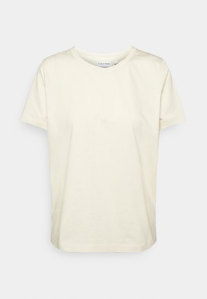 Short-sleeve crew neck plain ivory cotton T-shirt with Calvin Klein label inside the collar.