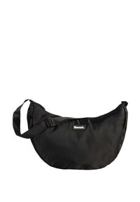 Zwarte nylon schoudertas met een gebogen vorm, een verstelbare schouderband en een rechthoekig logo-opdruk met de merknaam "Bench."