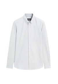Koszula na guziki w jasnoniebieskie i białe pionowe paski, z długimi rękawami, kołnierzykiem i zaokrąglonym dołem. Wykonana z lekkiego materiału bawełnianego.