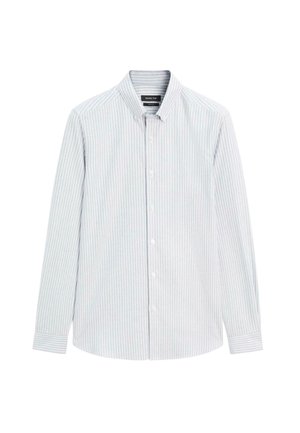 Košile na knoflíky se světlomodrými a bílými vertikálními pruhy, s dlouhými rukávy, límečkem a zaobleným spodním lemem. Vyrobená z lehkého bavlněného materiálu.