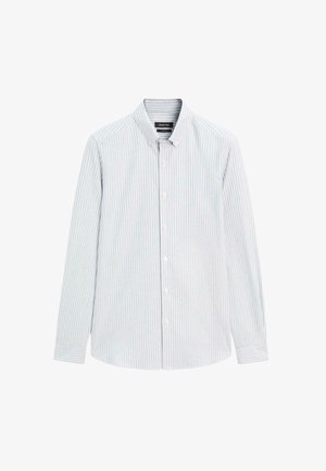 Košile na knoflíky se světlomodrými a bílými vertikálními pruhy, s dlouhými rukávy, límečkem a zaobleným spodním lemem. Vyrobená z lehkého bavlněného materiálu.