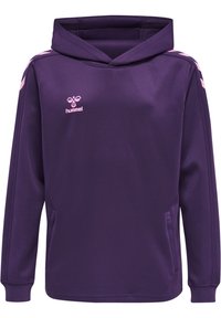 Felpa viola con tasca anteriore, caratterizzata da una texture liscia, un cappuccio e strisce rosa lungo le spalle. Logo sul petto.