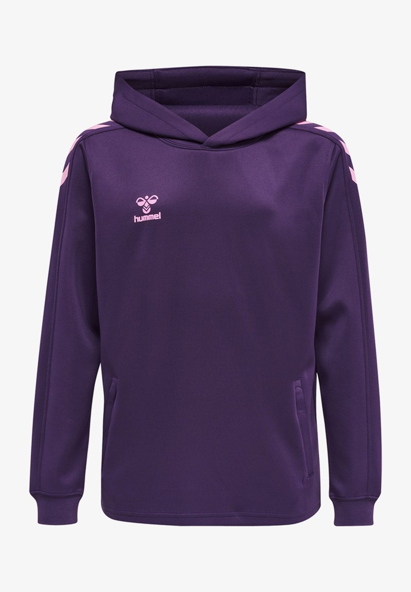 Lilla hættebluser med en frontlomme, der har en glat tekstur, en hætte og lyserøde striber langs skuldrene. Logo på brystet.