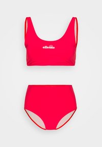 Conjunto de bikini rosa brilhante com um topo de decote redondo e parte de baixo de cintura alta. Textura suave com acabamento contrastante e logótipo na parte de cima.
