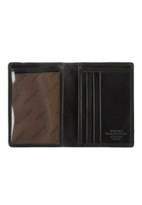 Černá kožená peněženka s texturovaným povrchem, obsahující průhlednou slot na ID, šest slotů na karty a detailní embossing s logem.