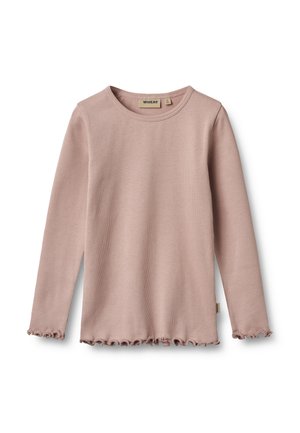 Long-sleeve dusty pink ribbed shirt with ruffled edges on cuffs and hem, crew neckline, and a small fabric brand tag on the side.