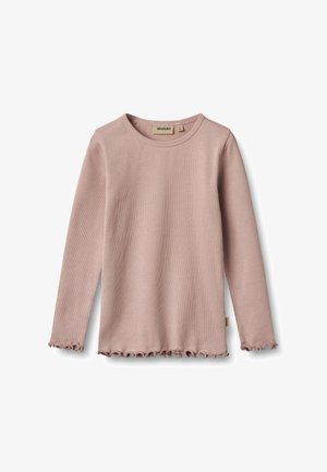 Chemise côtelée rose poudré à manches longues avec bords froncés aux poignets et à l'ourlet, col rond et petite étiquette de marque en tissu sur le côté.