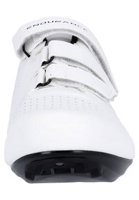 Witte fietsschoen met drie klittenbandsluitingen, geperforeerde details en een zwarte rubberen zool met bevestigingspunten voor klik-schoenen.