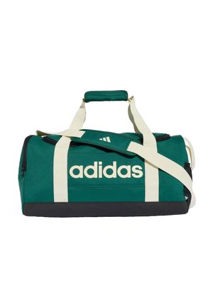 Borsa sportiva Adidas verde scuro con manici bianchi e tracolla, grande logo Adidas davanti e base nera.