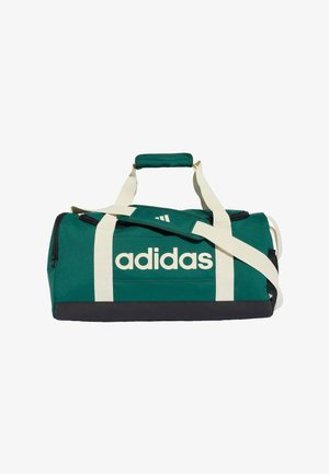 Borsa sportiva Adidas verde scuro con manici bianchi e tracolla, grande logo Adidas davanti e base nera.
