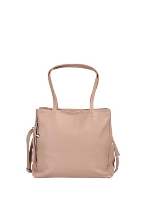 Beige leren totebag met twee bovenhandvatten, een zijrits vak en een verstelbare schouderriem met een ritstrekker in de kleuren van de Italiaanse vlag.