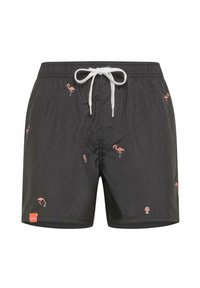 Pantaloni da mare neri con vita regolabile e motivi di fenicotteri rosa ricamati in tutto il tessuto. Tessuto liscio e leggero.