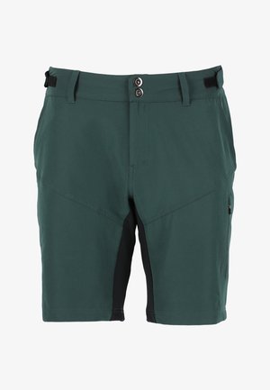 Grønne shorts med en glat tekstur, der har sorte detaljer og lukning med to knapper. Inkluderer bæltestropper og sidelommer med lynlås.