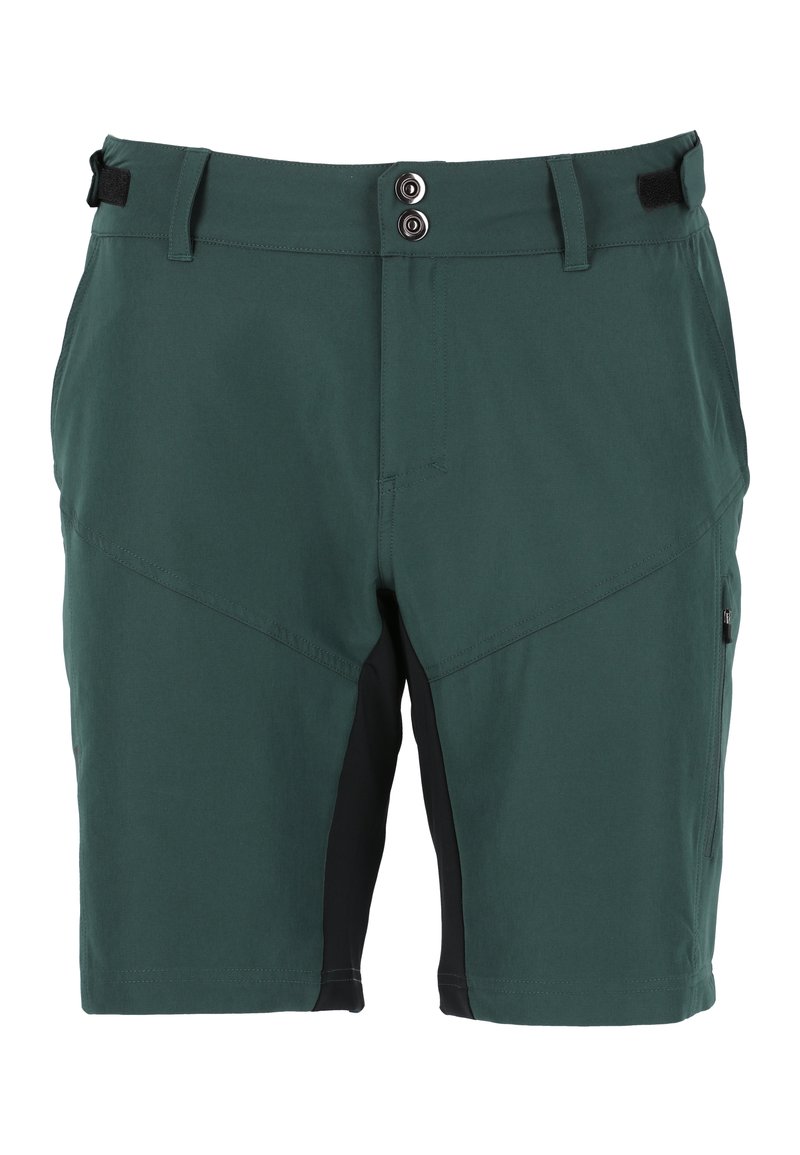 Gröna shorts med en mjuk textur, utrustade med svarta detaljer och stängning med två knappar. Inkluderar bältesögon och sidofickor med dragkedja.