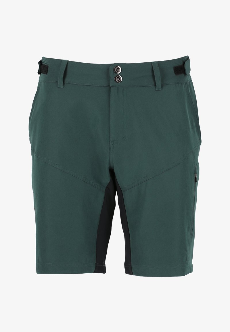 Grønne shorts med en glat tekstur, der har sorte detaljer og lukning med to knapper. Inkluderer bæltestropper og sidelommer med lynlås.