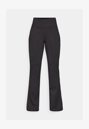 Črne široke joga hlače iz raztegljivega materiala. Visok pas, gladka tekstura in brez vidnih vzorcev ali detaljev strojne opreme.