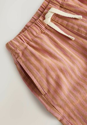 Pantaloni scurți cu talie elastică în dungi roz și maro, cu șnur alb și detalii de buzunar lateral.