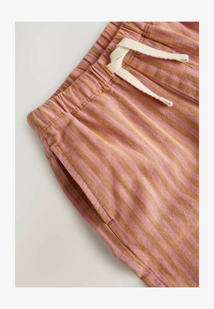 Shorts à taille élastique rayés rose et marron avec cordon blanc et détail de poche latérale.