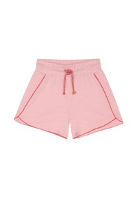 Helle rosa Shorts aus weichem Stoff mit abgerundetem Saum. Mit roten gekerbten Kanten und einem Kordelzugbund mit Quasten.