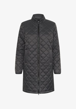 Padded sivi plašč z visokim ovratnikom, sprednjim zadrgo in stranskimi žepi. Ima diamantni vzorec in dolge rokave, izdelan je iz gladkega, lahkega materiala.