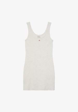 Robe débardeur ajustée gris clair sans manches avec encolure dégagée et petit logo rouge "CK" sur la poitrine.