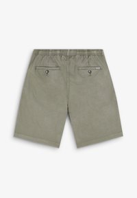 Pantaloni scurți verzi din bumbac, cu talie elastică. Au două buzunare pe spate cu nasturi. Design cu tăietură dreaptă și textură netedă.