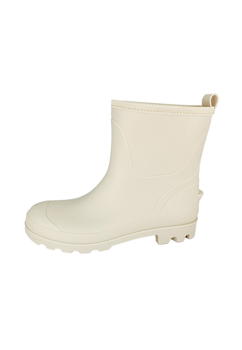 Witte rubberen enkellaars met een ronde neus, een gestructureerd oppervlak en een duurzame, stevige zool. Voorzien van een trekband voor gemakkelijk aan- en uittrekken.