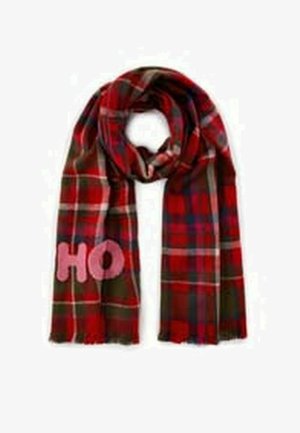 Red plaid scarf made of soft fabric with fringe edges; features the word "HO" in pink. Pattern includes alternating dark and light squares.
