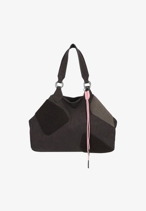Sac à bandoulière marron foncé avec des textures variées, présentant des accents duveteux en gris foncé et gris clair, ainsi qu'un détail en corde rose à l'avant.