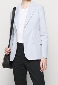 Randig blazer i ljusblå och vit tyg, enfaldig med två knappar, utformat med slag och en bröstficka. Bärs över en vit skjorta.