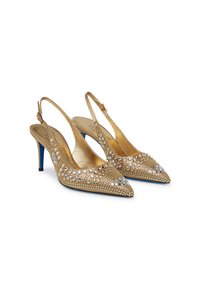 Décolleté oro con cinturino sul tallone, caratterizzate da punte a punta, decorate con strass e una texture scintillante, accentuate da tacchi a spillo blu.