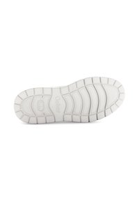 Witte sportieve schoenzool met een getextureerd, gemusterd profiel, gebogen ontwerp en rubbermateriaal. Merkopdruk zichtbaar aan de zijkant.