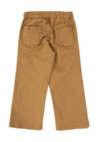 Pantalon en coton marron avec une coupe large, doté de deux poches arrière et d'une finition texturée, présenté avec le dos vers le haut.