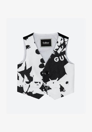 Black and white patterned vest with two front pockets, button closure, and a label inside. Made of textured fabric, featuring various shapes.