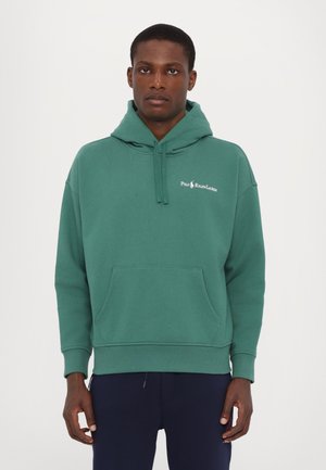 Grüne Baumwoll-Hoodie mit Fronttasche, Kordelzugkapuze und Logo auf der Brust. Verfügt über gerippte Bündchen und Saum, entspannter Schnitt.