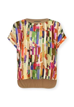 Kort mouwen blouse met abstracte meerkleurige penseelstreekpatronen en een effen bruine afgeronde zoom en halslijn.