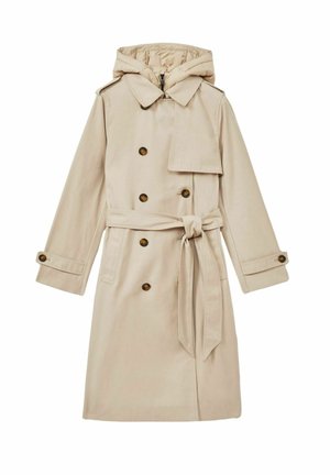 Cappotto lungo beige con cappuccio, design doppiopetto, grandi bottoni e vita con cintura. Il tessuto appare liscio e leggero.