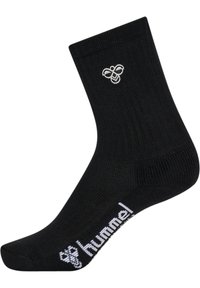 Svart atletisk strumpa gjord av ett stretchigt material, med en vit logotypdesign högst upp och längs sidan. Standard crewlängd.